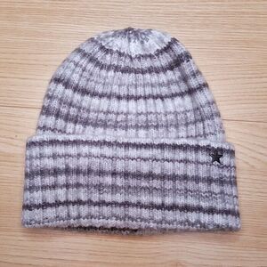 JOCELYN Hat Womens Gray Knit Beanie Space Dye Stripe Logo Winter $75